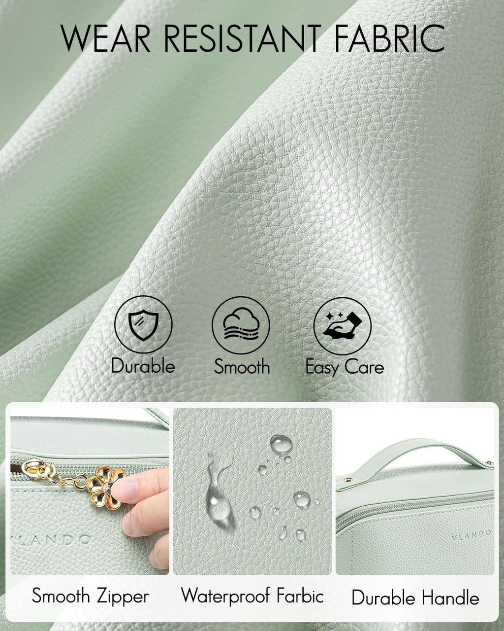 VLANDO Makeup Bag,Travel Toiletry Bag,Cosmetic Bag for Women PU Leather Portable Make up Bag for Skincare, Brushes & Travel Essentials-Mint Green
