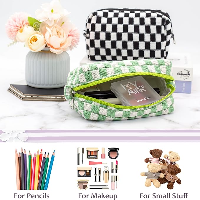 Checkered Makeup Bag for Purse, Small Cosmetic Pouch,Light Green,2 Pack