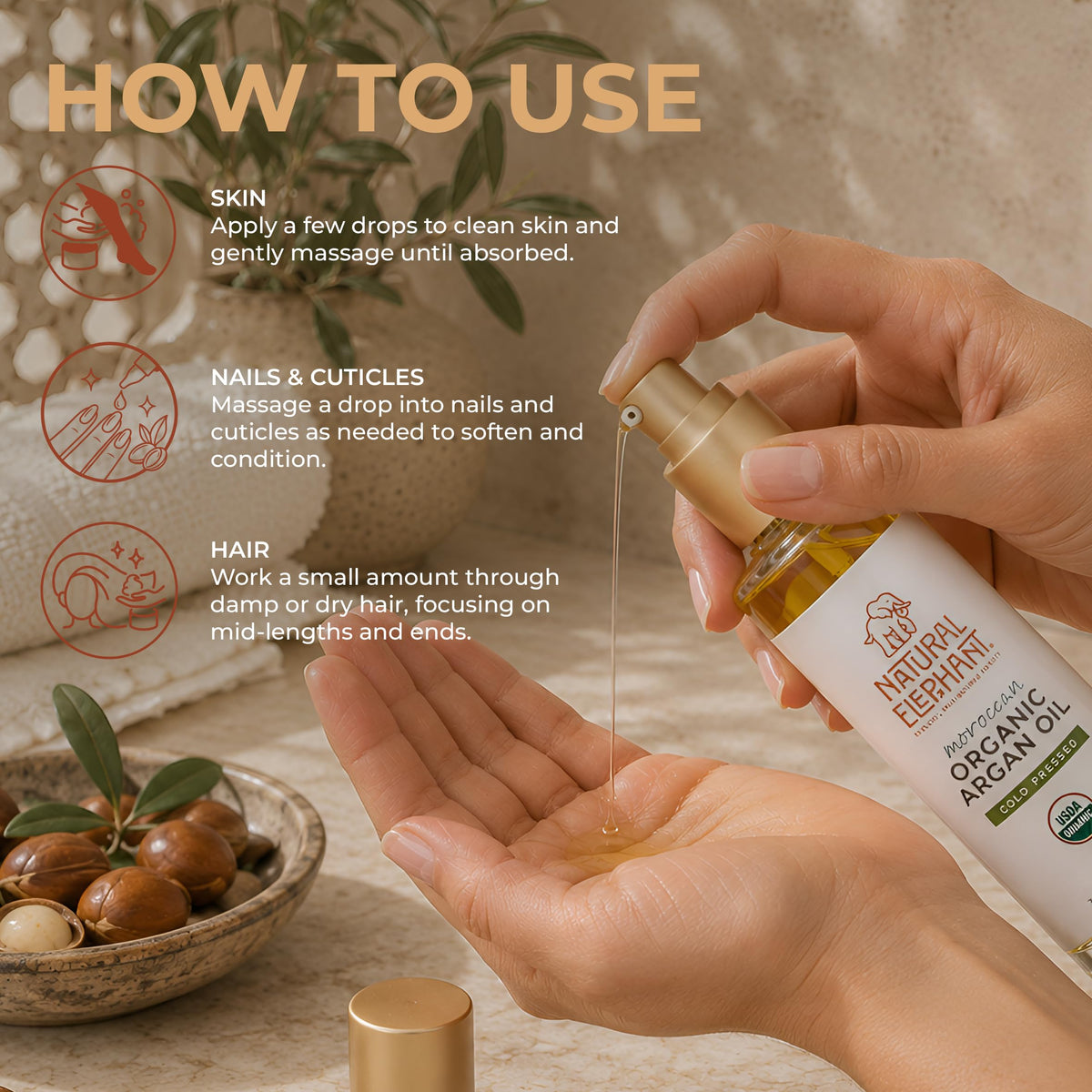 Natural Elephant USDA Certified Organic 100% Pure Argan Oil, Cold-Pressed, 100 ml (3.38 fl oz) - Nourishing & Hydrating for Skin, Hair, and Nails