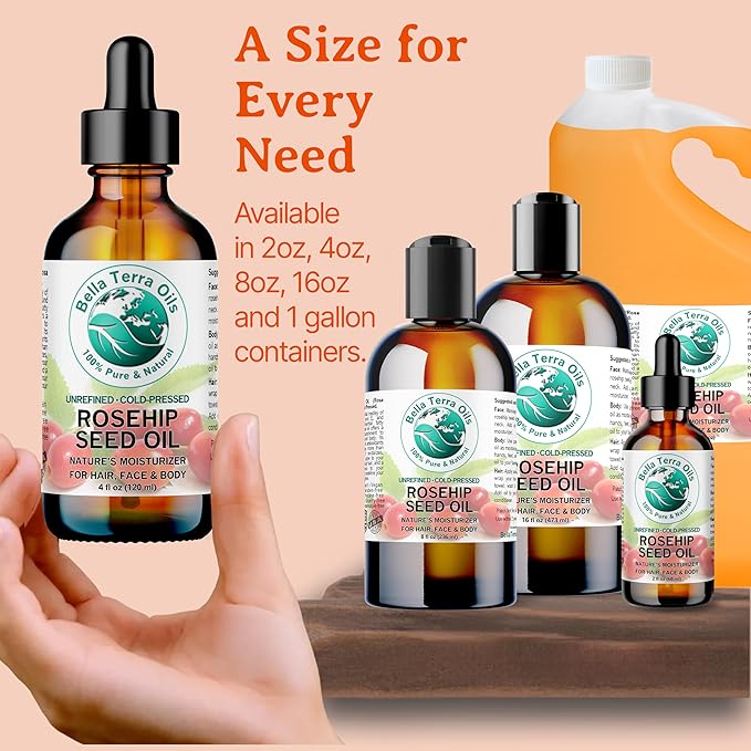Bella Terra Oils - Natural Rosehip Facial Oil 8 oz - Dive into Natural Rosehip's Essential Fatty Acids & Antioxidants, Infused with Vitamin F, Elevate Daily Face Rituals