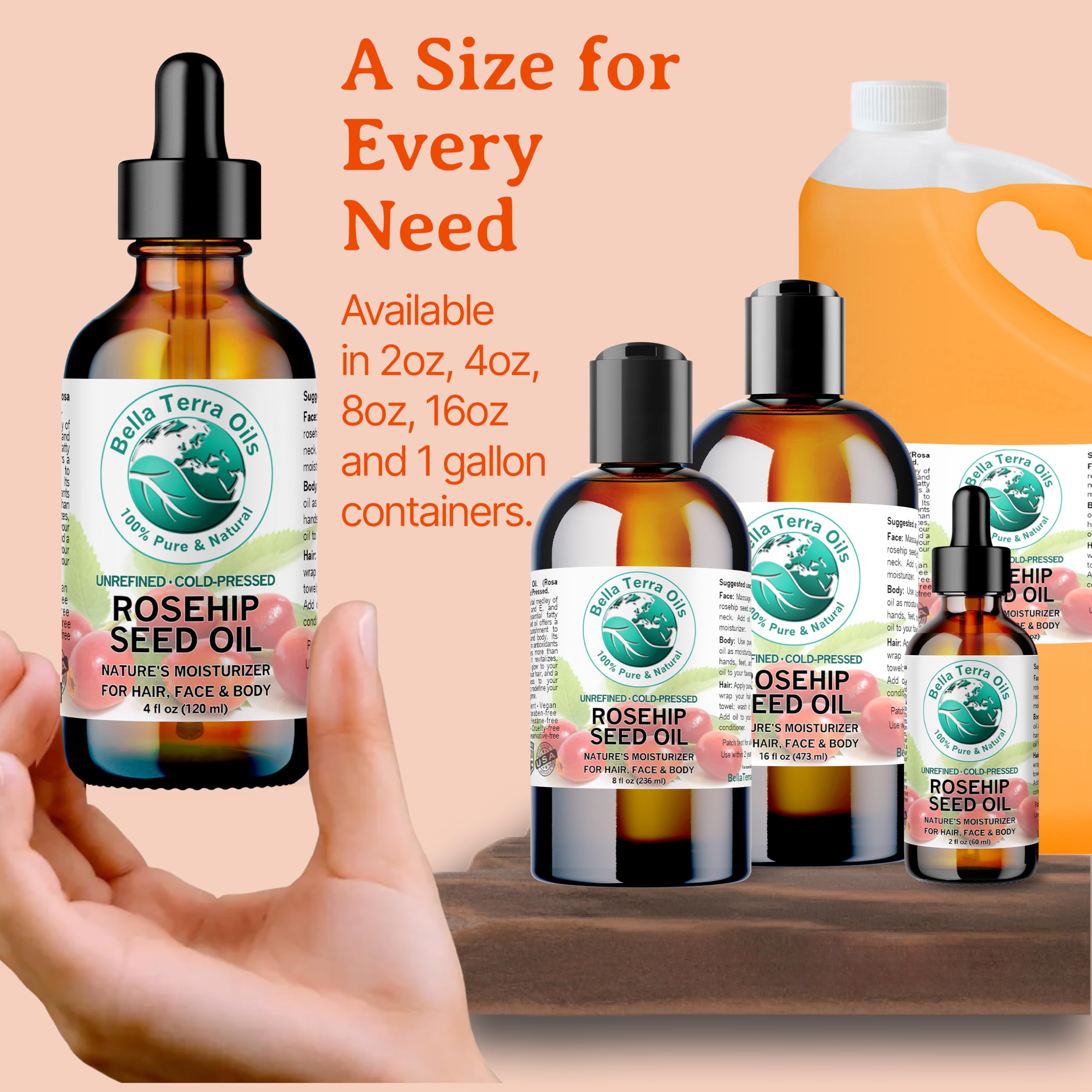 Bella Terra Oils - Organic Rosehip Oil 4 oz - Hailing from the Finest Rosa Mosqueta, Abundant in Omega-6 & Omega-3 Fatty Acids, Pure Radiance for Face