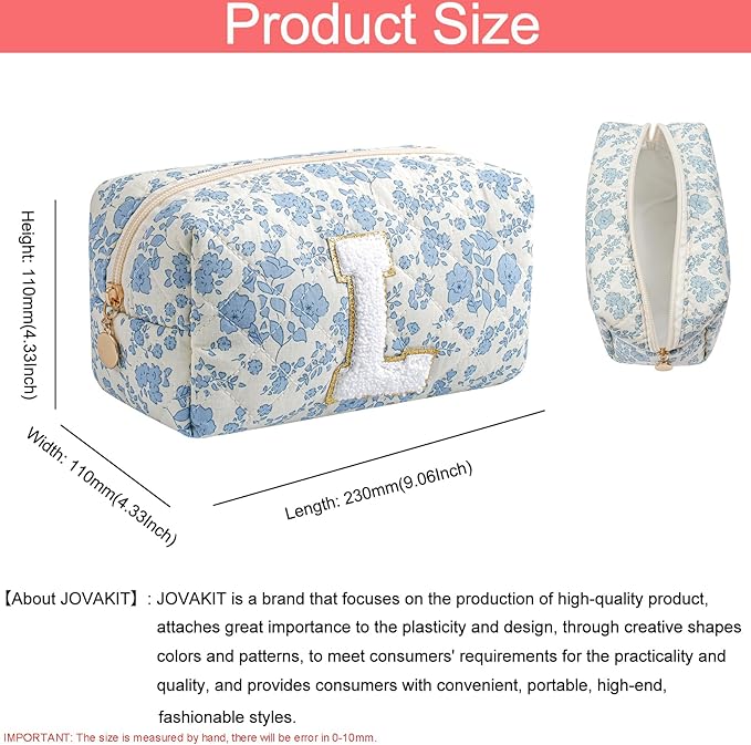 JOVAKIT Alphabet Makeup Bag Cosmetic Bag for Women, Christmas Gifts for Girls Age 6-18, Floral Flowers Coquette Travel Toiletry Zipper Make Up Pouch Organizer Trendy Stuff (Blue Floral L)