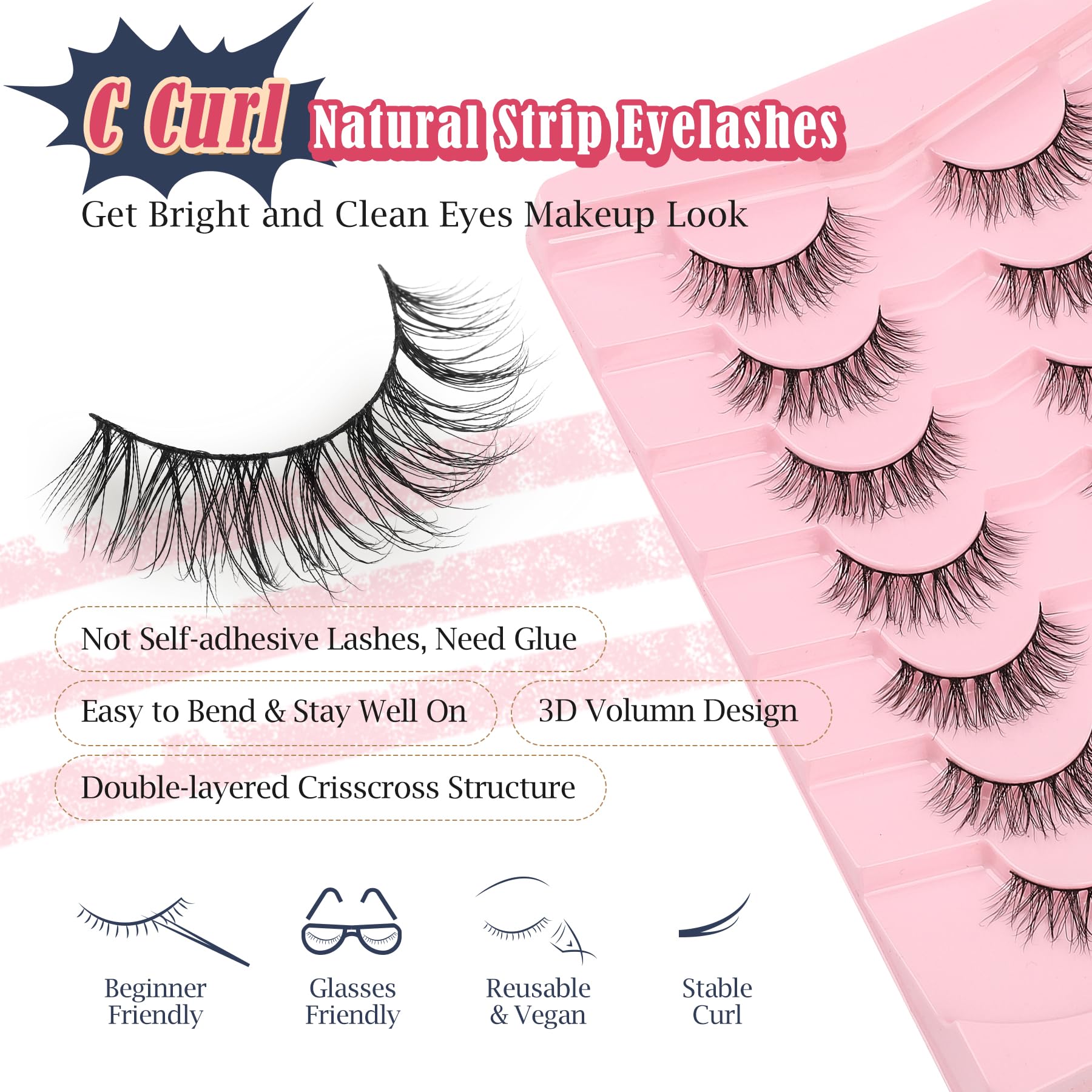 Lashes Natural Wispy Eyelashes 15mm Strip Lashes Pack False Eyelashes 0.1MM Thin Band C Curl Eye Lashes 3D Volume False Eyelashes Siligli Lashes 7 Pair