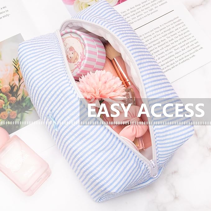 PAZIMIIK Cozy Makeup Bag for Women,Zipper Cosmetic Pouch,Stripe Blue,6 Pack