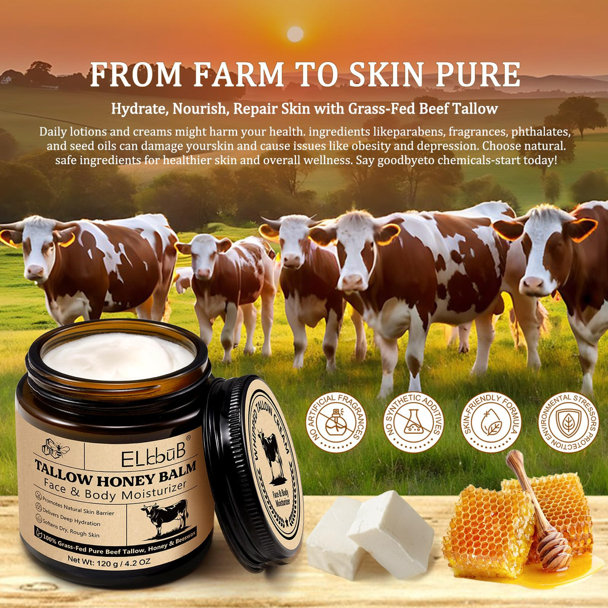 ELBBUB Whipped Tallow Cream for Face & Body - 100% Grass-Fed Beef Tallow, Natural Honey & Beeswax Moisturizer, Deep Hydration & Nourishment, Oil-Free & Unscented, Fast Absorbing