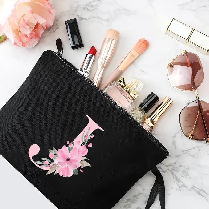 Vavabox A-Z Personalized Makeup Bag, Birthday Gifts for Women Mom, Gifts for Best Friend, Bride Bridesmaid Cosmetic bag (J, 02-Black)