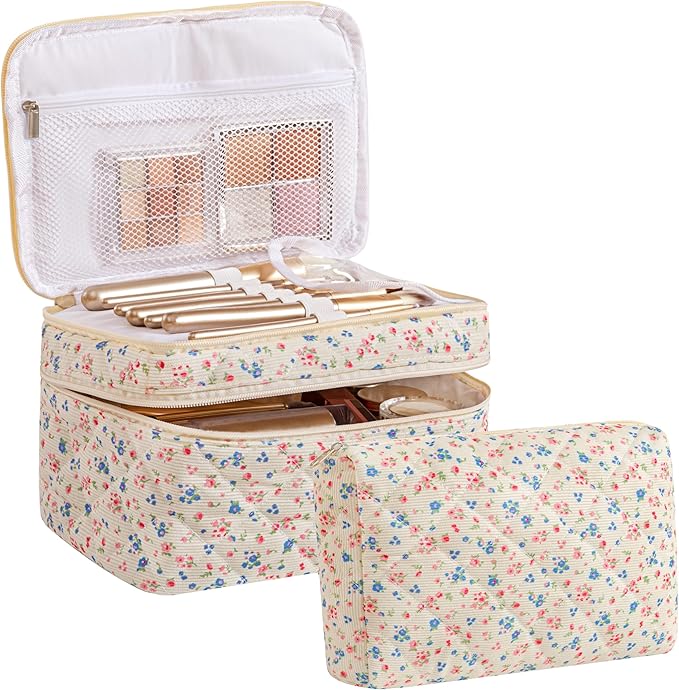 HBselect 2Pcs Travel Makeup Bag Large Quilted Cosmetic Bag Make up Bag