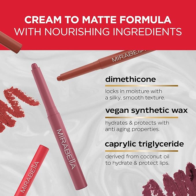 Mirabella - Velvet Matte Lip Crayon, Retractable Highly-Pigmented 2-in-1 Makeup, Long-Lasting Hydrating Lipstick Crayon + Lip Liner, Moisturizing Cream-to-Matte Lipcare Formula, Nearly Nude