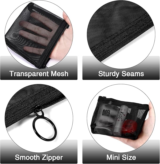 Fassave 8 Pack Mini Zipper Mesh Makeup Bags, Nylon Cosmetic Bags Toiletry Purse Travel Organizer Bags Inside Bag for Office Travel Organization (Widened-Black, M)