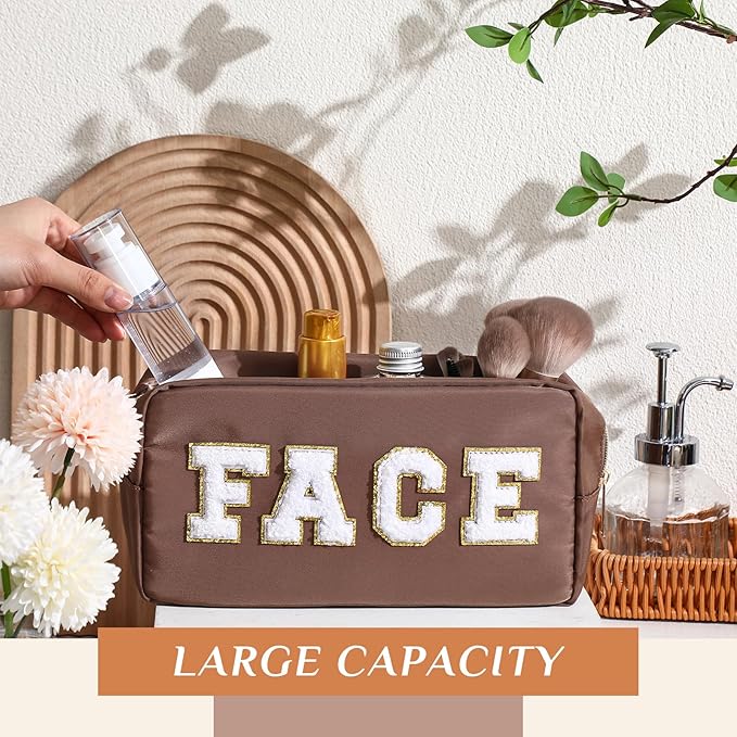 Remerry 4 Pcs Nylon Makeup Bags Waterproof Spacious Travel Cosmetic Bag for Women Chenille Letter Preppy Zipper Pouch Face Stuff Skin Hair Organizer Gift(Brown Series)
