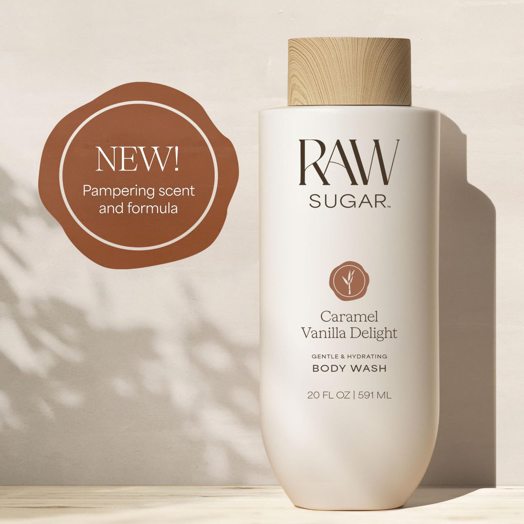RAW SUGAR Caramel Vanilla Delight Gentle & Hydrating Body Wash, 20 Fl Oz (Pack of 1), Moisturizing & Indulgent Bath & Shower Gel, Vegan, Formulated without SLS/SLES & Parabens