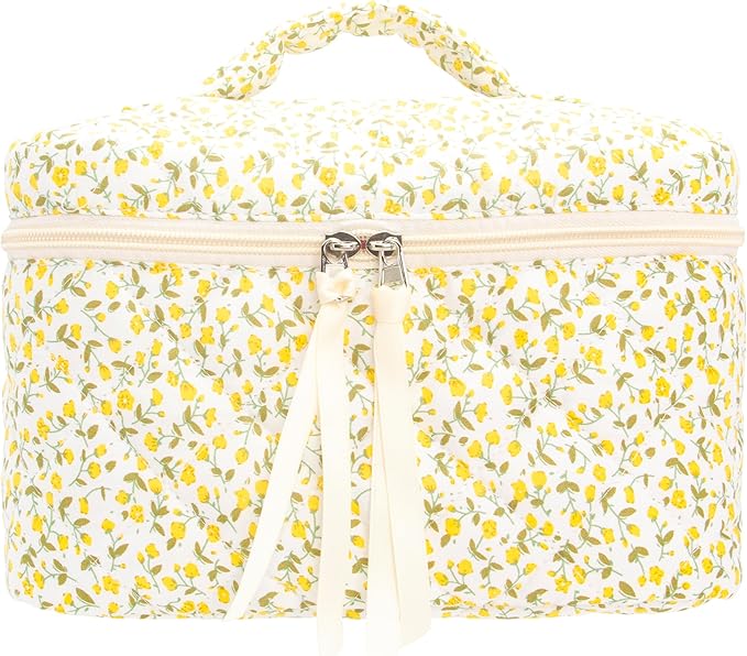 Quilted Makeup Bag for Women, Travel Cosmetic&Toiletry Bag,Floral Yellow