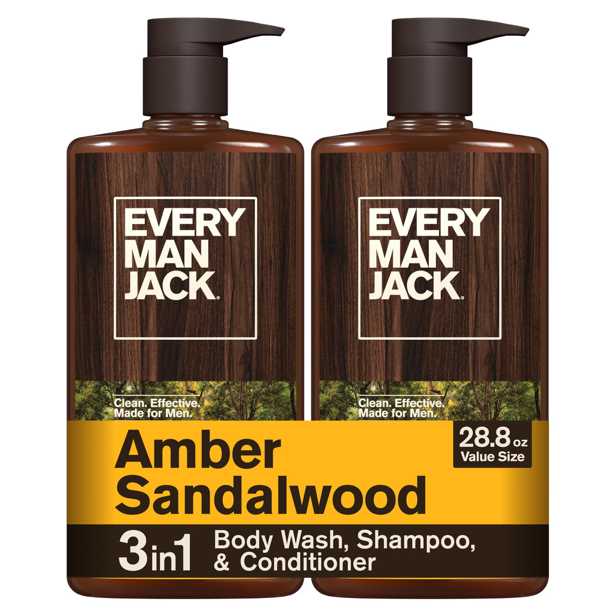 Every Man Jack 3-in-1 All Over Body Wash for Men, Amber Sandalwood, 2pk