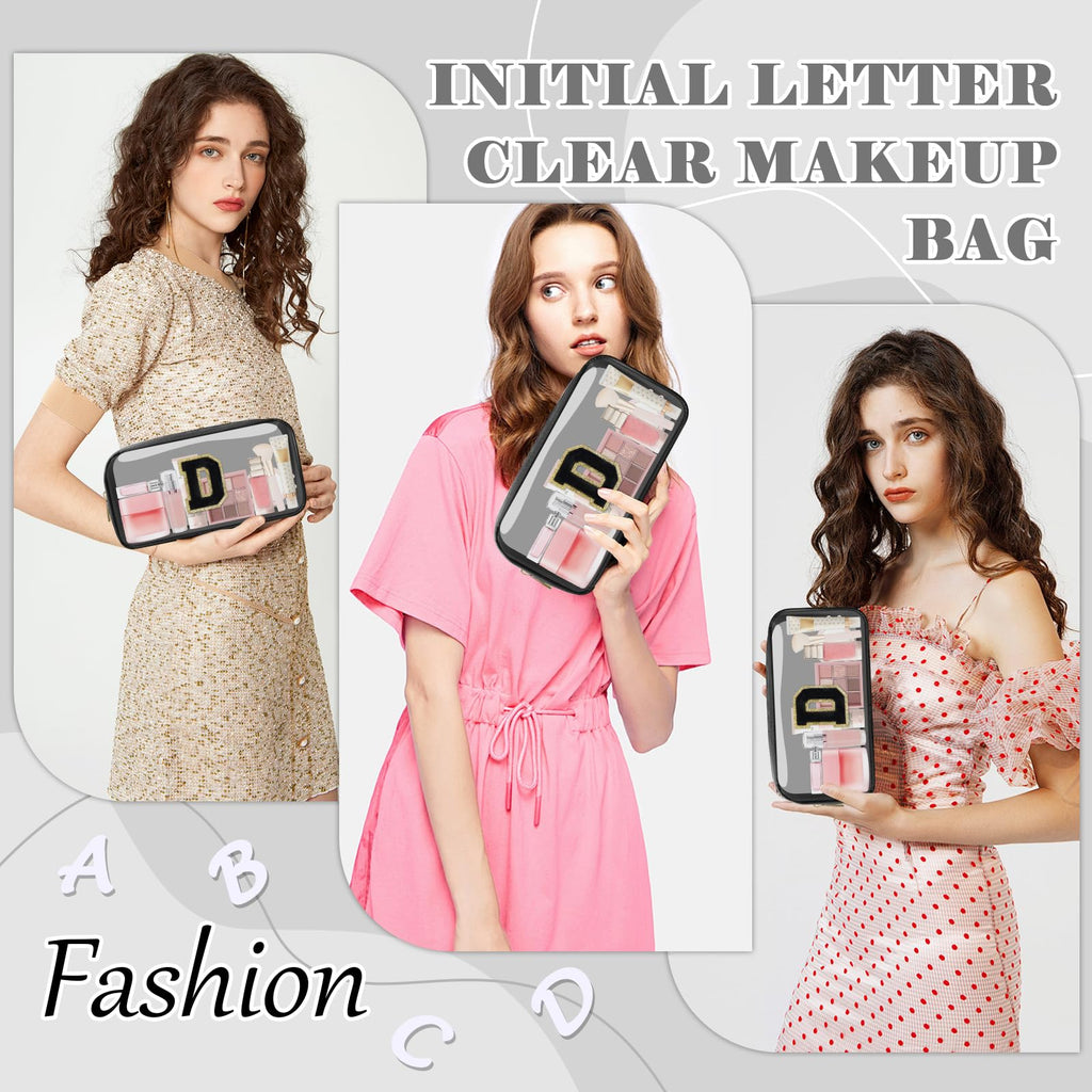UIXIZQ Personalized Initial Letter Clear Makeup Bag,Preppy Small Nylon&PVC Cosmetic Zipper Bag with Chenille Letter,Travel Skincare Toiletry Bag,Monogram Christmas Gift for Teen Girls Women,D