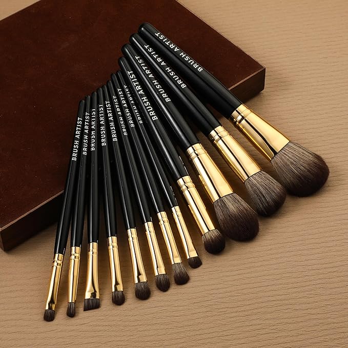 B BRUSH ARTIST 12 PCs Premium Synthetic Black Makeup Brush Set: Face Powder Brush, Contour Brush, Blush Brush, Eyeshadow Brush, Eyebrow Brush, Concealer Brush, Travel Size