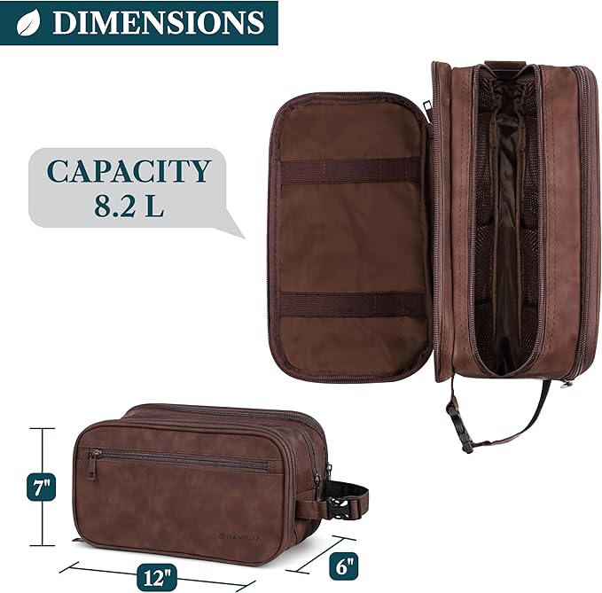 PAVILIA Toiletry Bag for Men, Travel Toiletries Bag | Water-resistant Dopp Kit, PU Leather Shaving Pouch Organizer for Accessories, Cosmetic, Hygiene, Grooming Essentials (XL, Dark Brown)