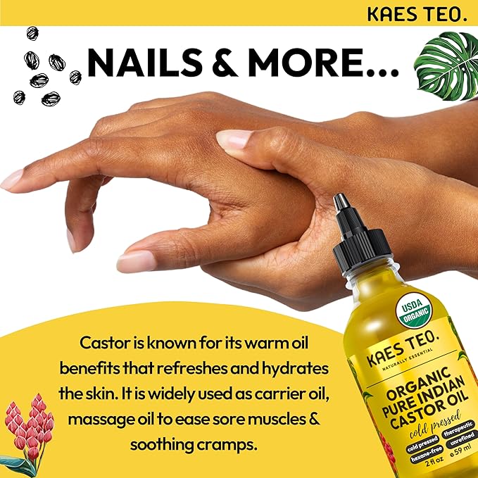 Kaes Teo Organic Castor Oil 100% Pure Cold Pressed 2 Fl Oz Extra Virgin Unrefined Hexane Free - USDA Certified Organic, Golden Castor oil for Face, Skin, Hair, Eyebrows - Boost Hair Growth