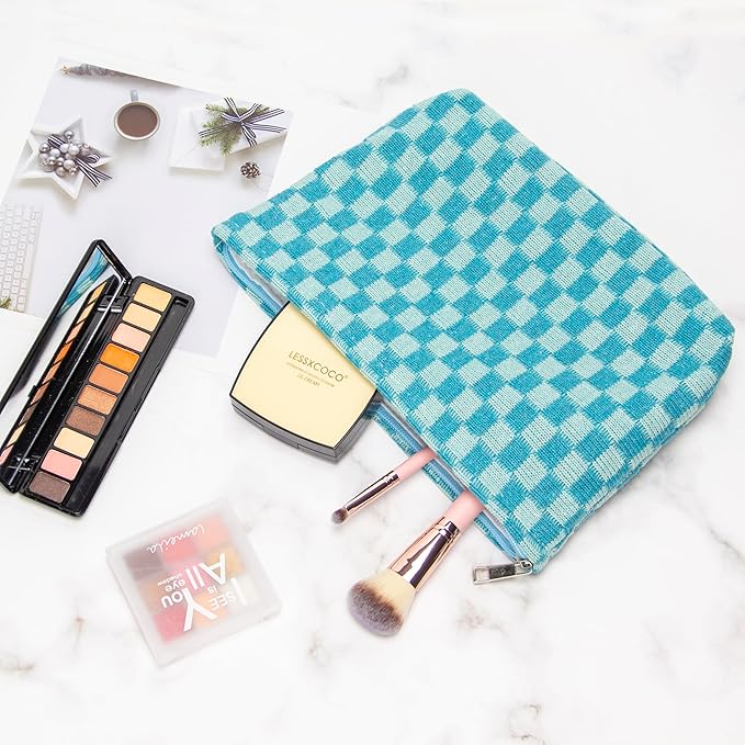Checkered Makeup Bag for Purse, Small Flat Cosmetic Pouch,Lake Blue
