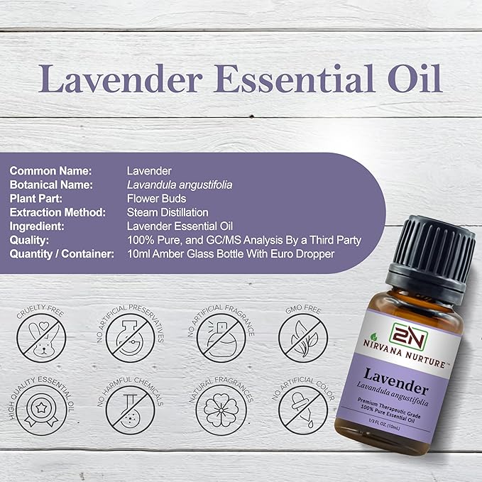Nirvana Nurture Lavender Essential Oil, USDA Certified Organic, 100% Pure Undiluted, Aromatherapy Oil for Diffuser, Hair & Skin Care