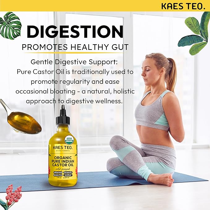 Kaes Teo Organic Castor Oil 100% Pure Cold Pressed 2 Fl Oz Extra Virgin Unrefined Hexane Free - USDA Certified Organic, Golden Castor oil for Face, Skin, Hair, Eyebrows - Boost Hair Growth