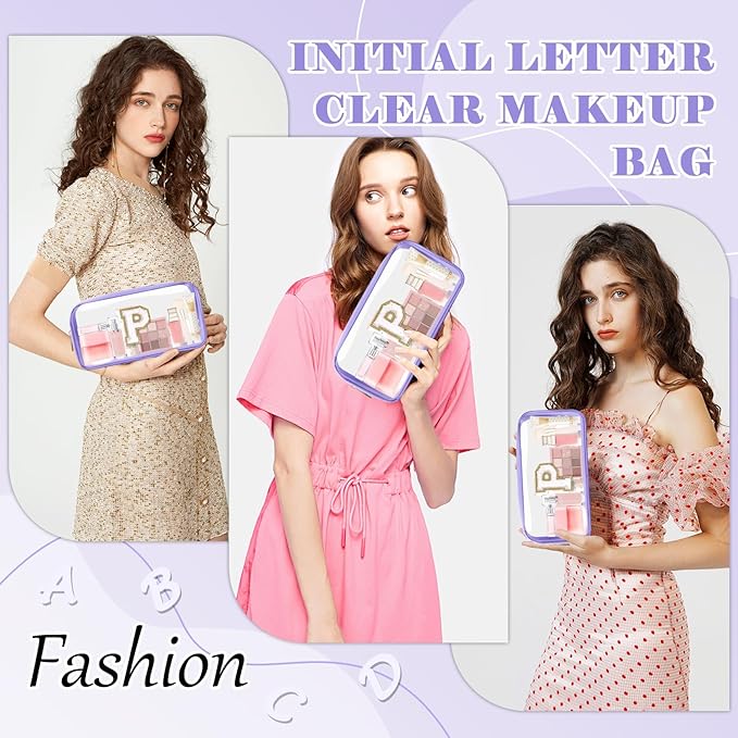 Personalized Initial Letter Clear Makeup Bag,Preppy Small Nylon&PVC Cosmetic Zipper Bag with Chenille Letter,Travel Skincare Toiletry Bag,Monogram Christmas Gift for Teen Girls Women,P