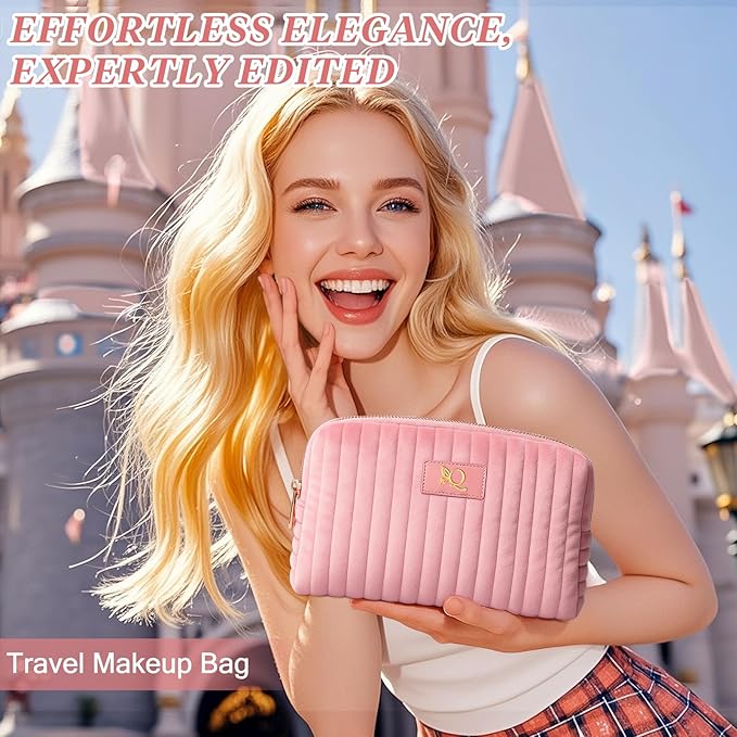 Monogrammed Make Up Bags for Women,Personalized Cosmetic Bags Women,Small Quilted Makeup Pouch,Cute Makeup Bag Travel,Birthday Gifts for Teen Girl (Pink Q)