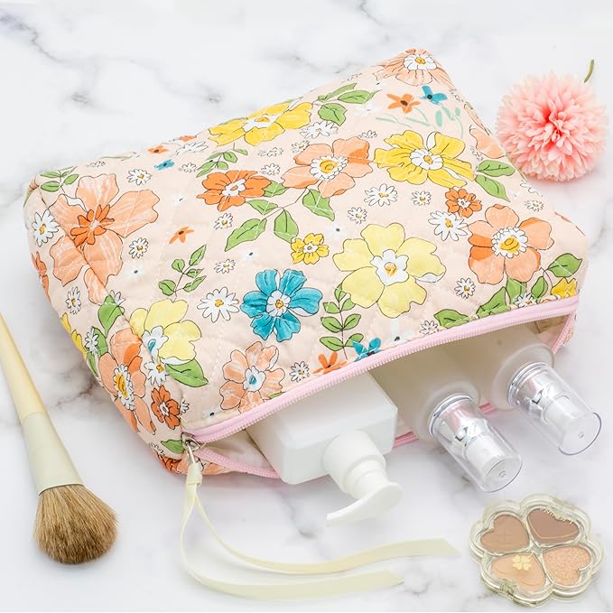 Quilted Makeup Pouch for Women, Travel Cosmetic&Toiletry Bag,Floral Orange
