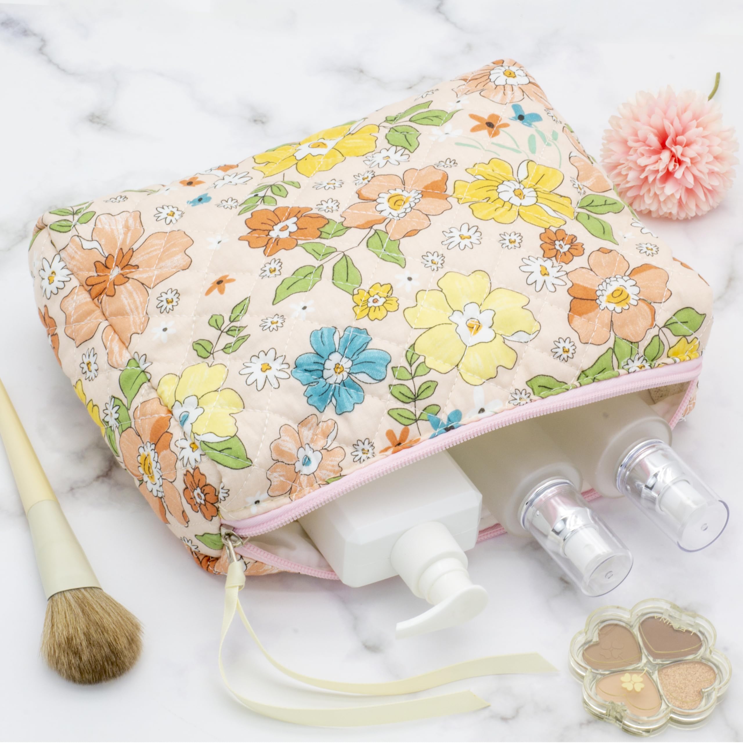 Quilted Makeup Pouch for Women, Travel Cosmetic&Toiletry Bag,Floral Orange