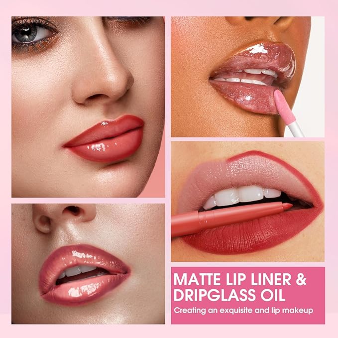 Jolilab Matte Lip Liner Lip Oil Set, Lip Makeup Set Natural Smooth Long-Lasting And Hydrating Beauty Daily Cosmetics Gift for Women Easy-to-Use（10pcs）