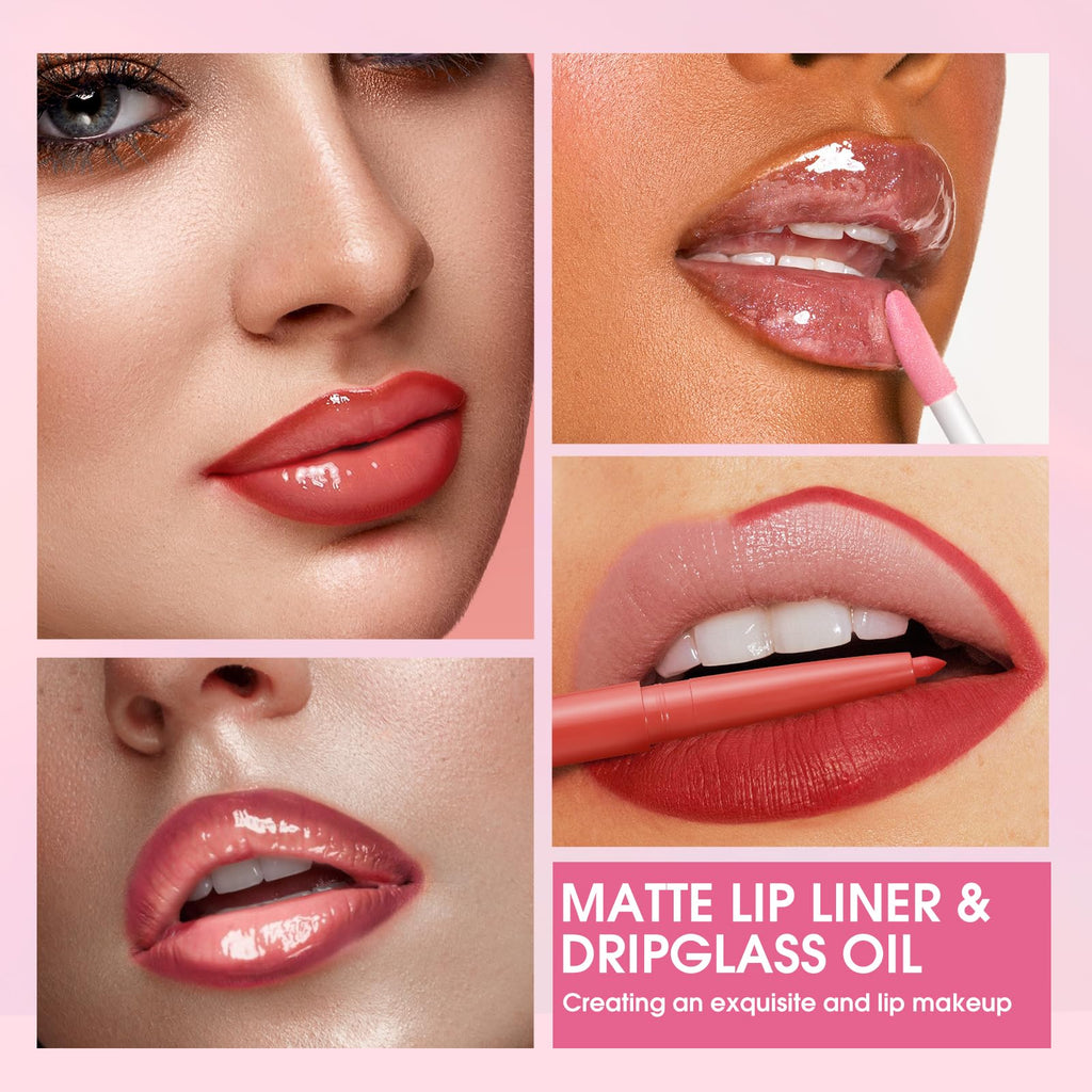 Jolilab Matte Lip Liner Lip Oil Set, Lip Makeup Set Natural Smooth Long-Lasting And Hydrating Beauty Daily Cosmetics Gift for Women Easy-to-Use（10pcs）