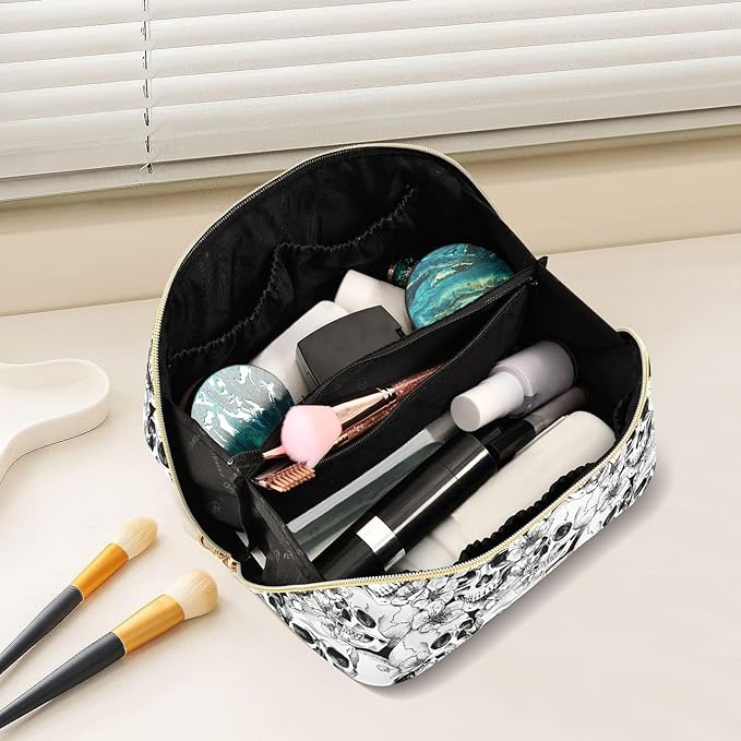 MNSRUU Makeup Organizer Bag, Skull and Flower Travel Makeup Bags Makeup Vanity Case Large Capacity Rhombus Cosmetic Toiletry Bag for Girl Women Ladies