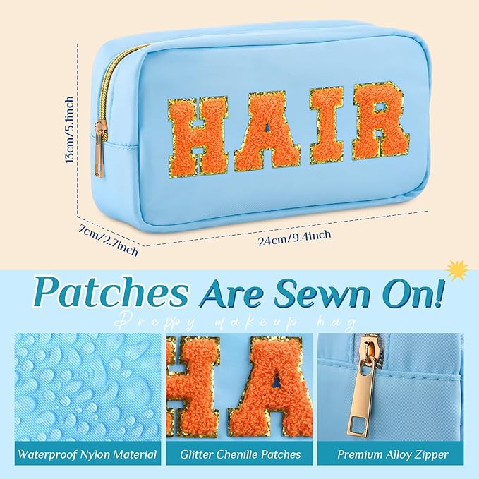 Cunno Preppy Makeup Bags Chenille Letter Stuff Bag Nylon Cosmetic Pouch Cases with Zipper for Women Travel Toiletry(Light Color,Vivid,4 Pcs)