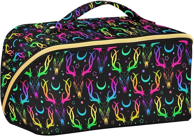 MNSRUU Makeup Organizer Bag, Bright Deer Skulls Travel Makeup Bags Makeup Vanity Case Large Capacity Rhombus Cosmetic Toiletry Bag for Girl Women Ladies