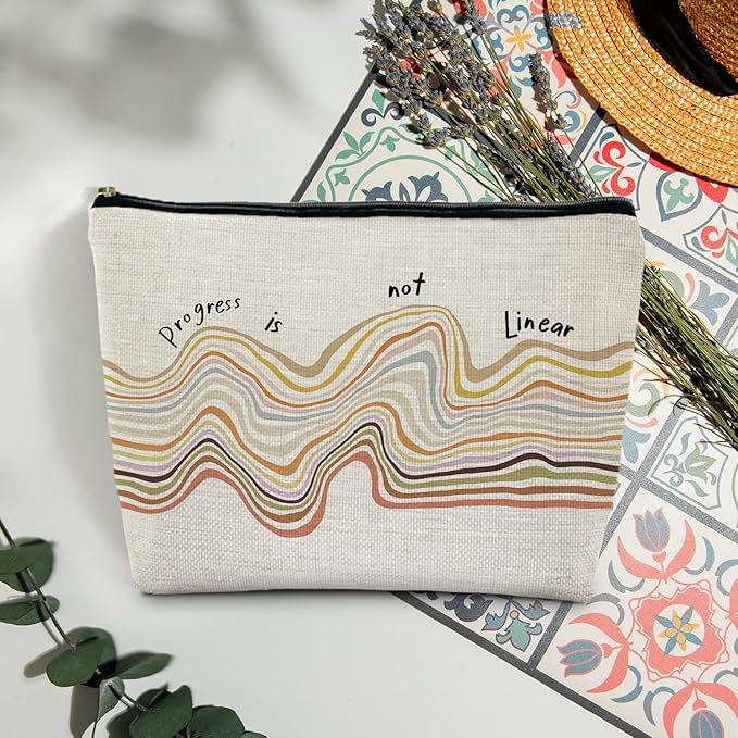 MKGRXZCW Progress is Not Linear Mental Health Makeup Bag for Purse, Inspirational Motivational Cosmetic Bag Travel Toiletry Bag for Therapist Counselor, Therapy Gifts Zipper Makeup Pouch