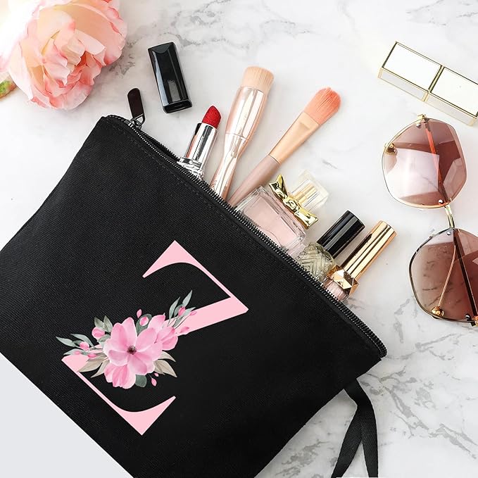 Vavabox A-Z Personalized Makeup Bag, Birthday Gifts for Women Mom, Gifts for Best Friend, Bride Bridesmaid Cosmetic bag (Z, 02-Black)