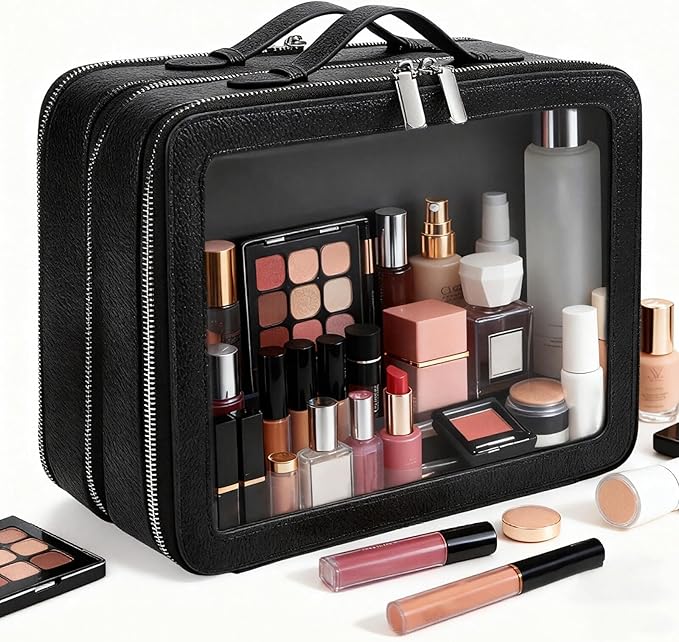 idoltimes Clear Makeup Bag,Large Toiletry Case for Women,PU Leather Travel Cosmetic Bag,Detachable Makeup Case,Double Compartment Make up Organizer