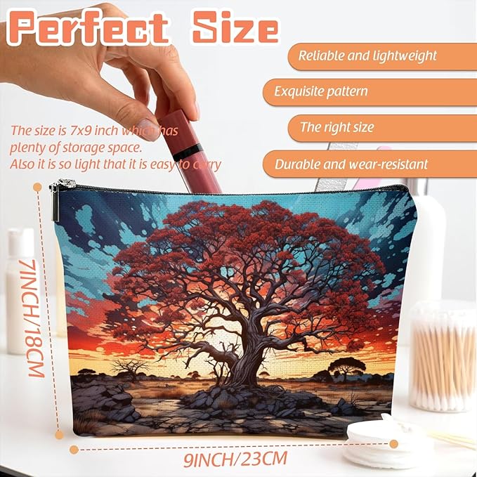 Scribesense Makeup Bag Travel Cosmetic Bags Small Makeup Case Waterproof Zipper Pouch for Women Girls 7X9inches - Gigantic Red Tree Against A Colorful Sky