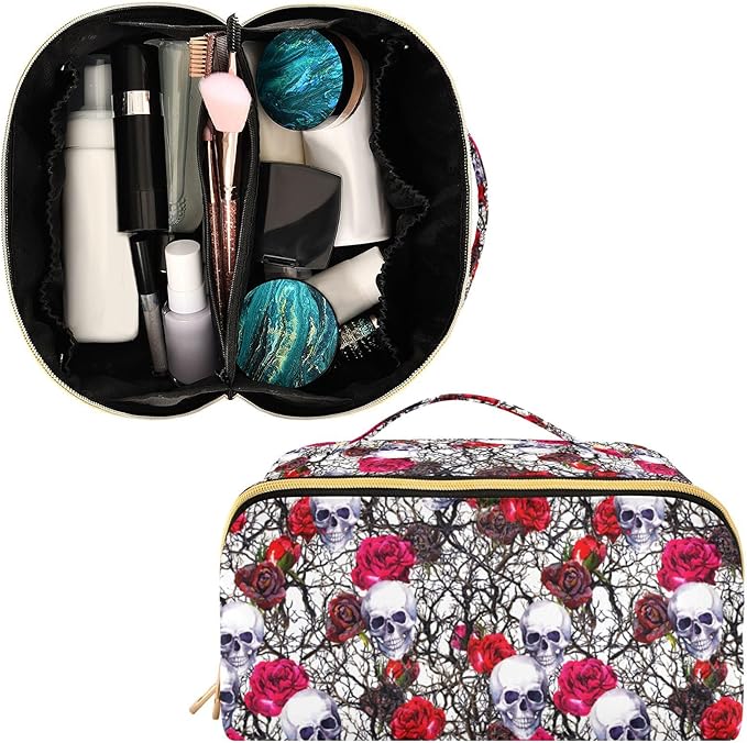 MNSRUU Makeup Organizer Bag, Skulls Rose Flowers Travel Makeup Bags Makeup Vanity Case Large Capacity Rhombus Cosmetic Toiletry Bag for Girl Women Ladies