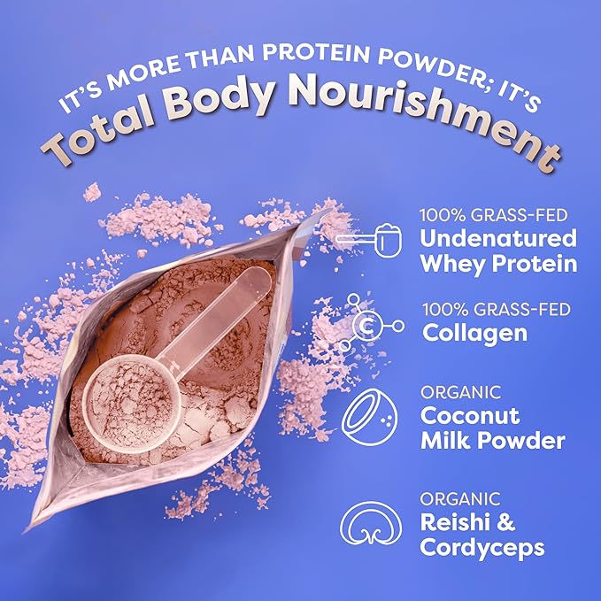 FlavCity All in One Protein Shake Powder, Berries and Cream - On the Go Meal Alternative + Collagen Peptides, Reishi & Cordyceps - Focus, Skin, Hair & Joint Support - 100% Grass Fed Whey, 20 Servings