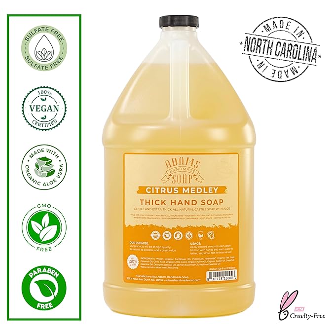 Adams Handmade Soap Thick Organic Castile Liquid Hand Soap 1 Gallon Refill - Citrus Medley