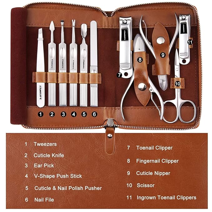 FAMILIFE Manicure Set, 11 in 1 Professional Manicure Kit Nail Clippers Set, Stainless Steel Pedicure Tools Toe Nail Kit, Men Grooming Tool with Portable Brown Leather Travel Case Gifts for Men Women