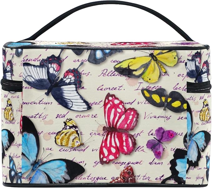 MNSRUU Makeup Bag, Vintage Butterfly Hand Written Text Travel Makeup Organizer Bag Cosmetic Cases Toiletry Bags for Girl Women Ladies
