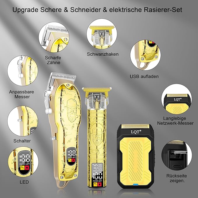 LQT Professional Hair Clipper Set for Men Electric Shaver Razor Cordless Hair Cutting Barber Clippers Beard Trimmer Men’s Grooming Kit Gifts for him (Gold)