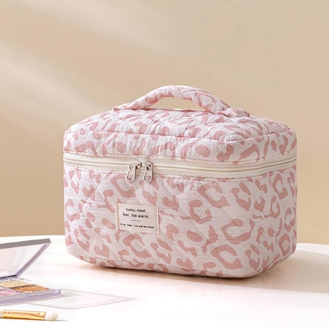 HBselect Quilted Makeup Bag, 3Pcs Cotton Large Travel Makeup Bags Organizer