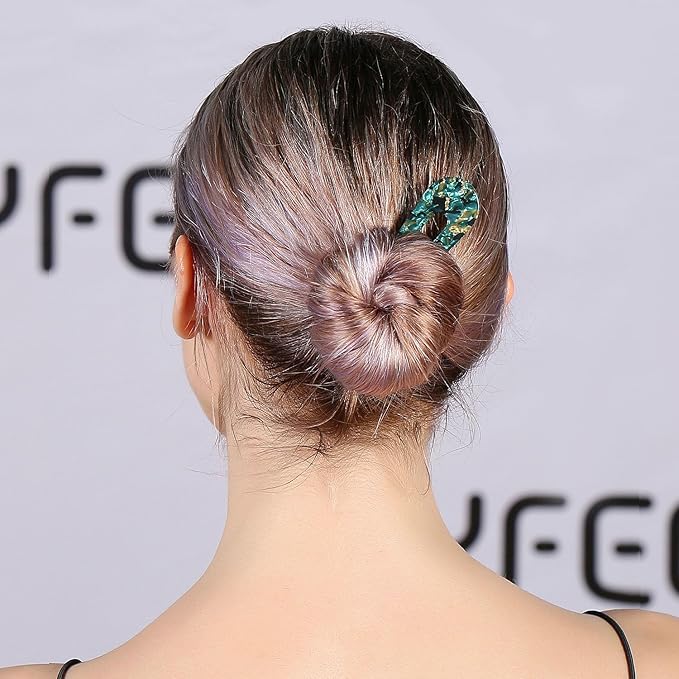 HYFEEL French Hair Pins U Shape Updo Hair Forks 2 Prong Bun Twist Chignon Stick Clips for Women Hair Accessories, 3 Pcs (Green,Tortoise,Brown Floral)