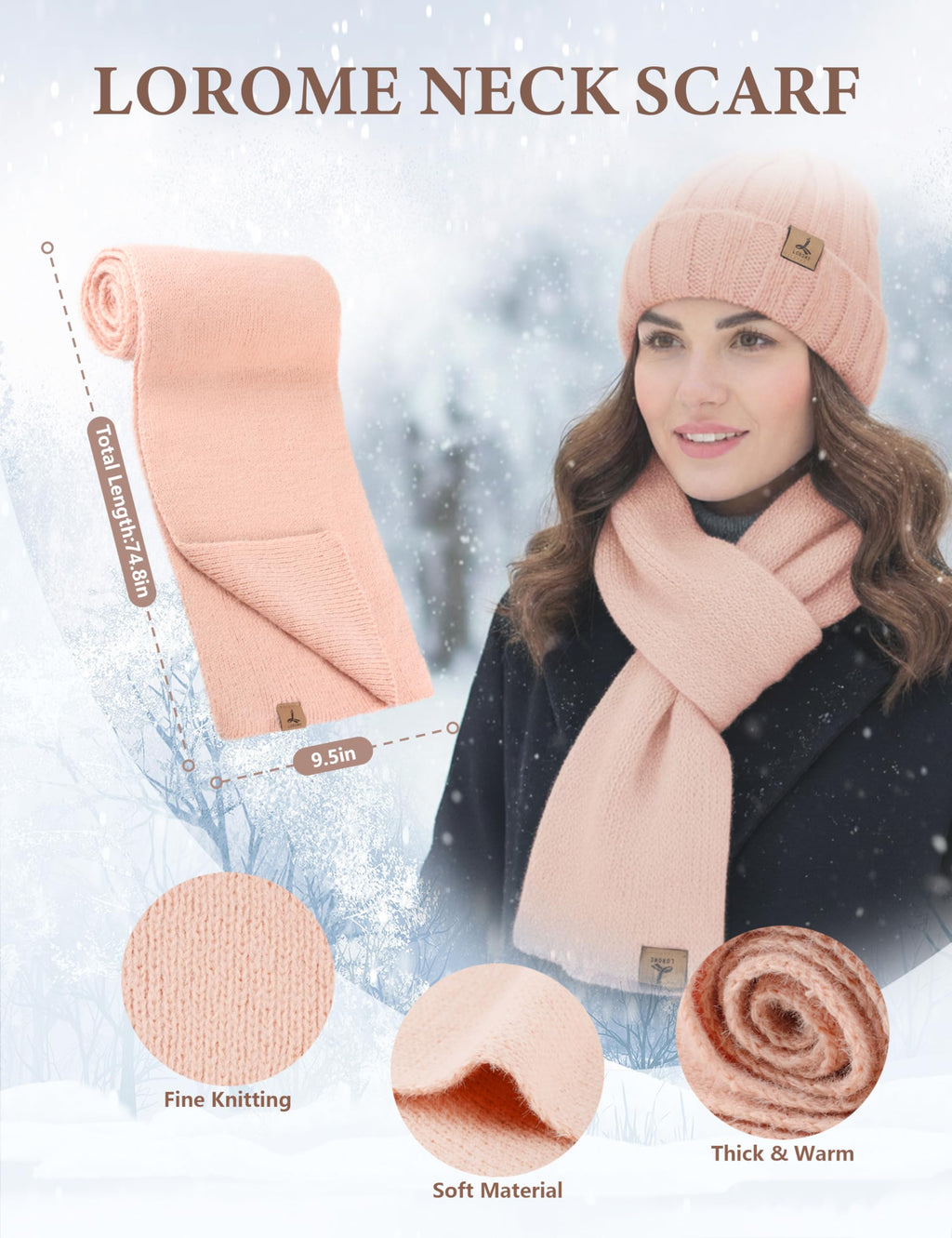 LOROME Winter Beanie Hat Gloves Scarf, Cashmere Hat Gloves Scarf Set Women