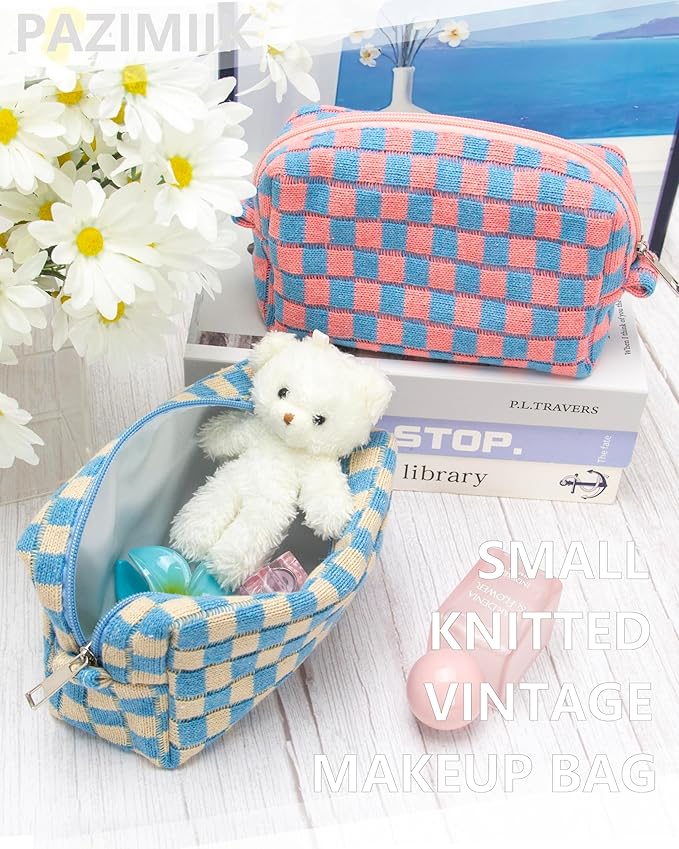 Checkered Makeup Bag for Purse, Small Travel Cosmetic Pouch,Blue Beige