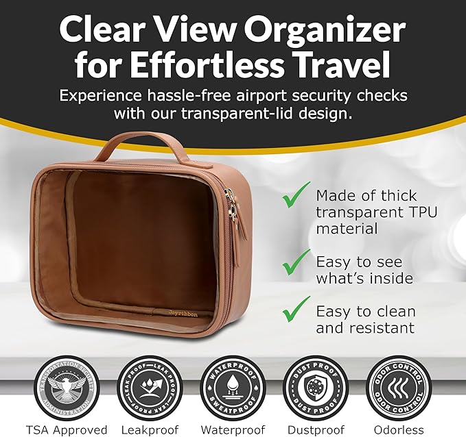 Clear Makeup Bag Set, Travel Cosmetic Bags with Transparent TPU Front, 3PCS (Large & Small Pouches + Compact Mirror), Saffiano PU Leather Toiletry Organizer for Women, Nude
