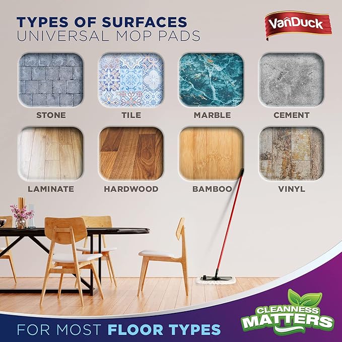 VanDuck 100% Cotton Terry Mop Pads 15x8 Inches, 6-Pack (Mop Not Included)
