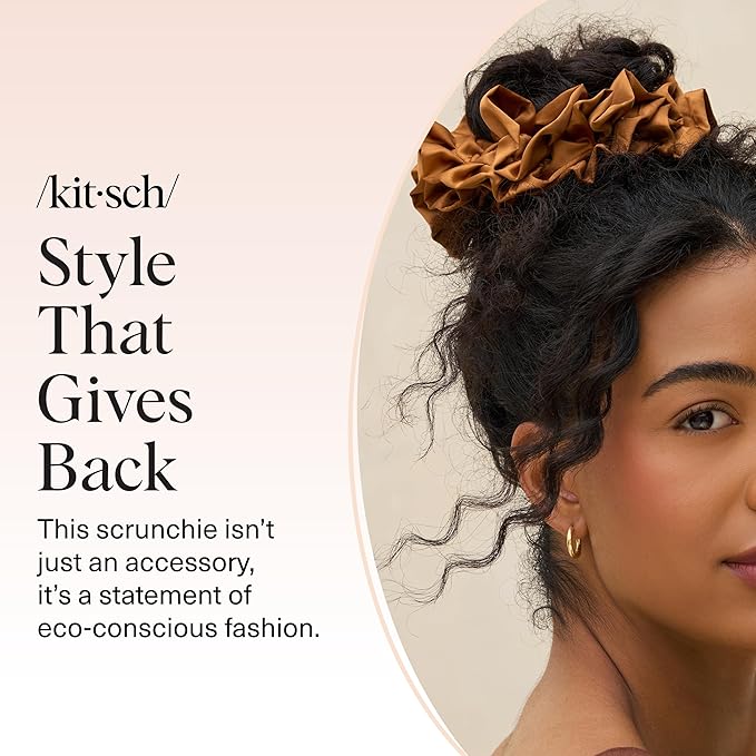 Kitsch Ruffle Satin Scrunchies For Women - Gentle Hair Tie - Camel